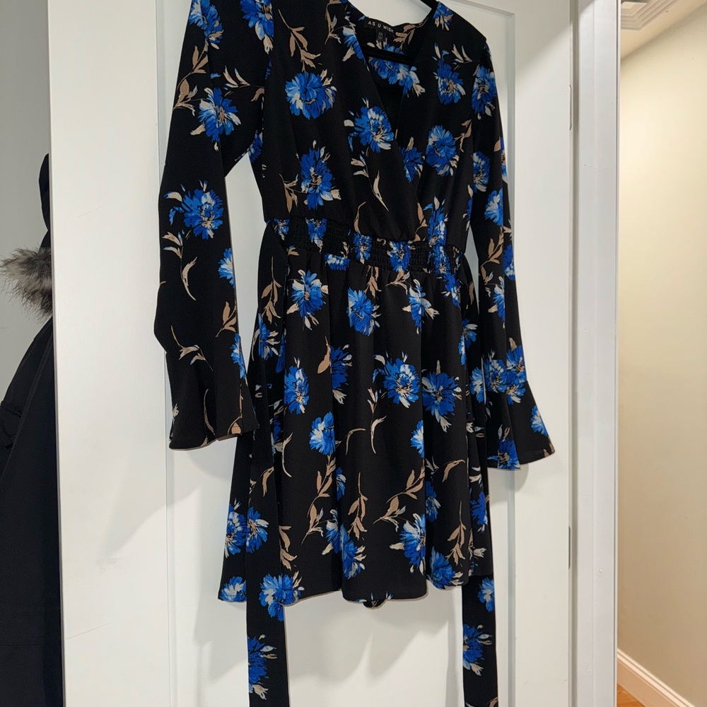 As U Wish Black Dress with Blue Floral Pattern